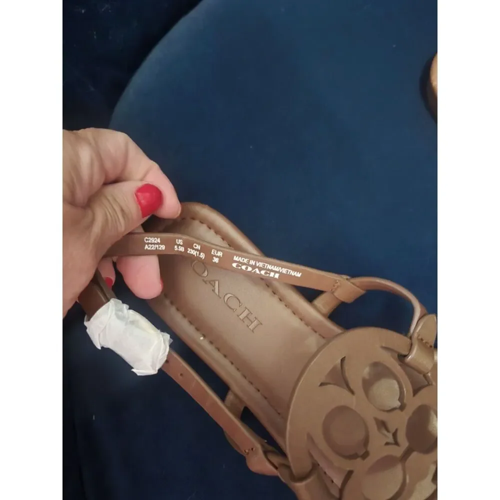 Coach - NEW Jaci Leather Logo Brown Thong Slingback Sandals - Size 5.5B